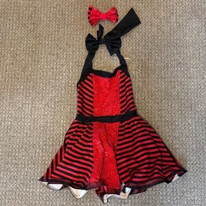 Chic Red and Black Striped Kids Dance Costume with Bow